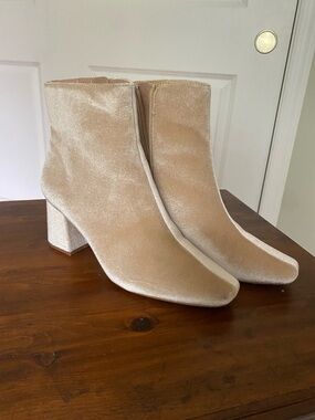 Velvet Block Heel Ankle Boots - Champagne Size 8